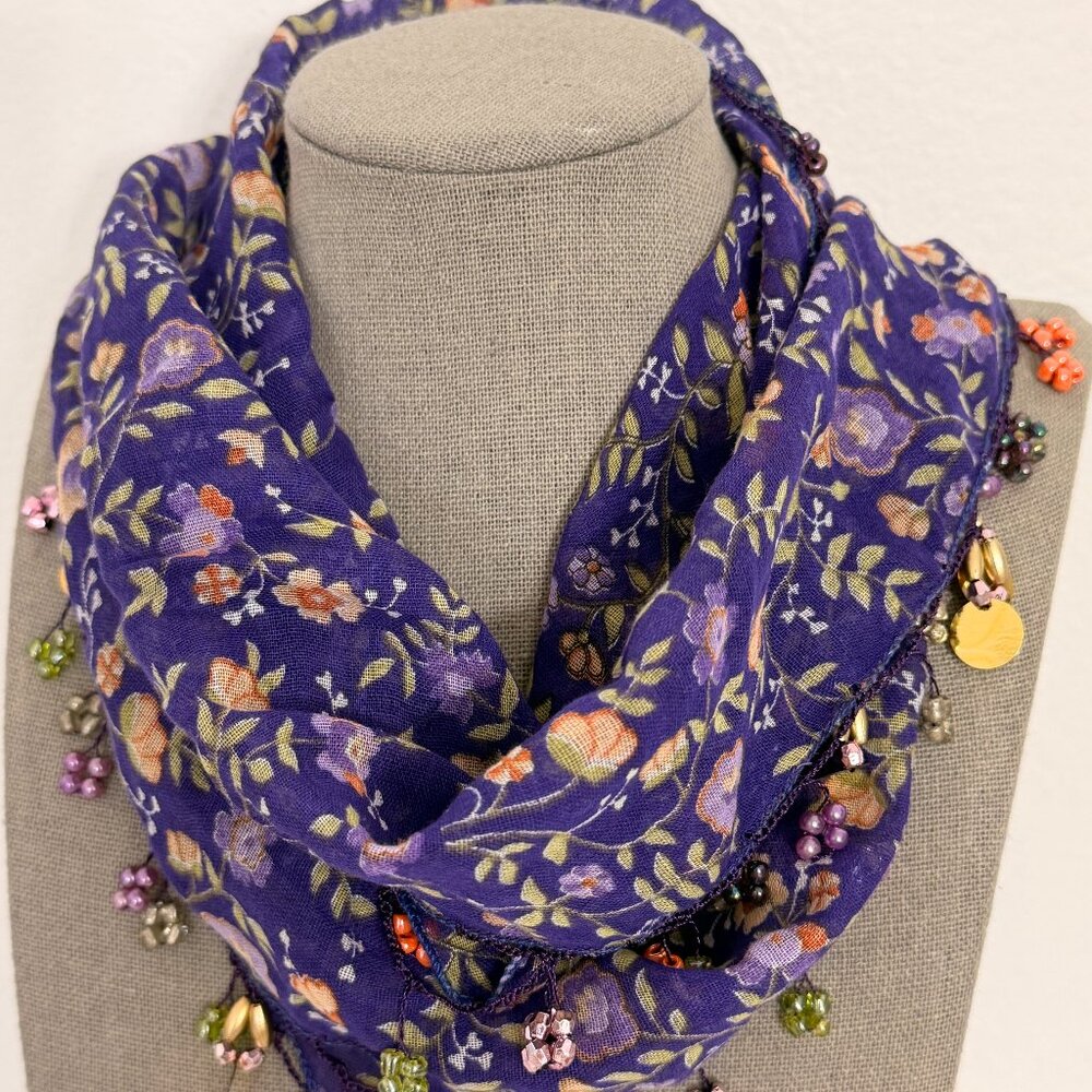 Traditional Turkish Oya Neck Violet  Scarf Bead & Needle Lace on Lawn Cotton
